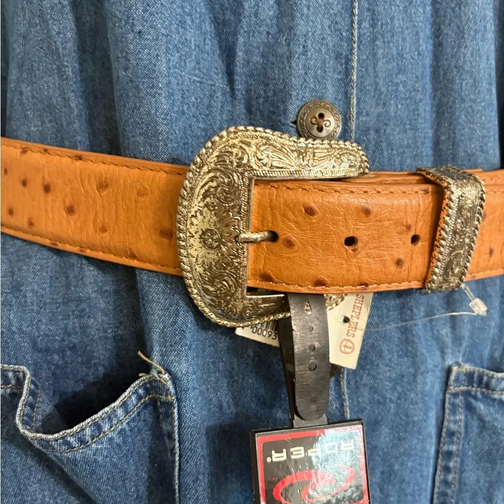 Roper Tan Ostrich-Texture Belt with Silver Western Buckle